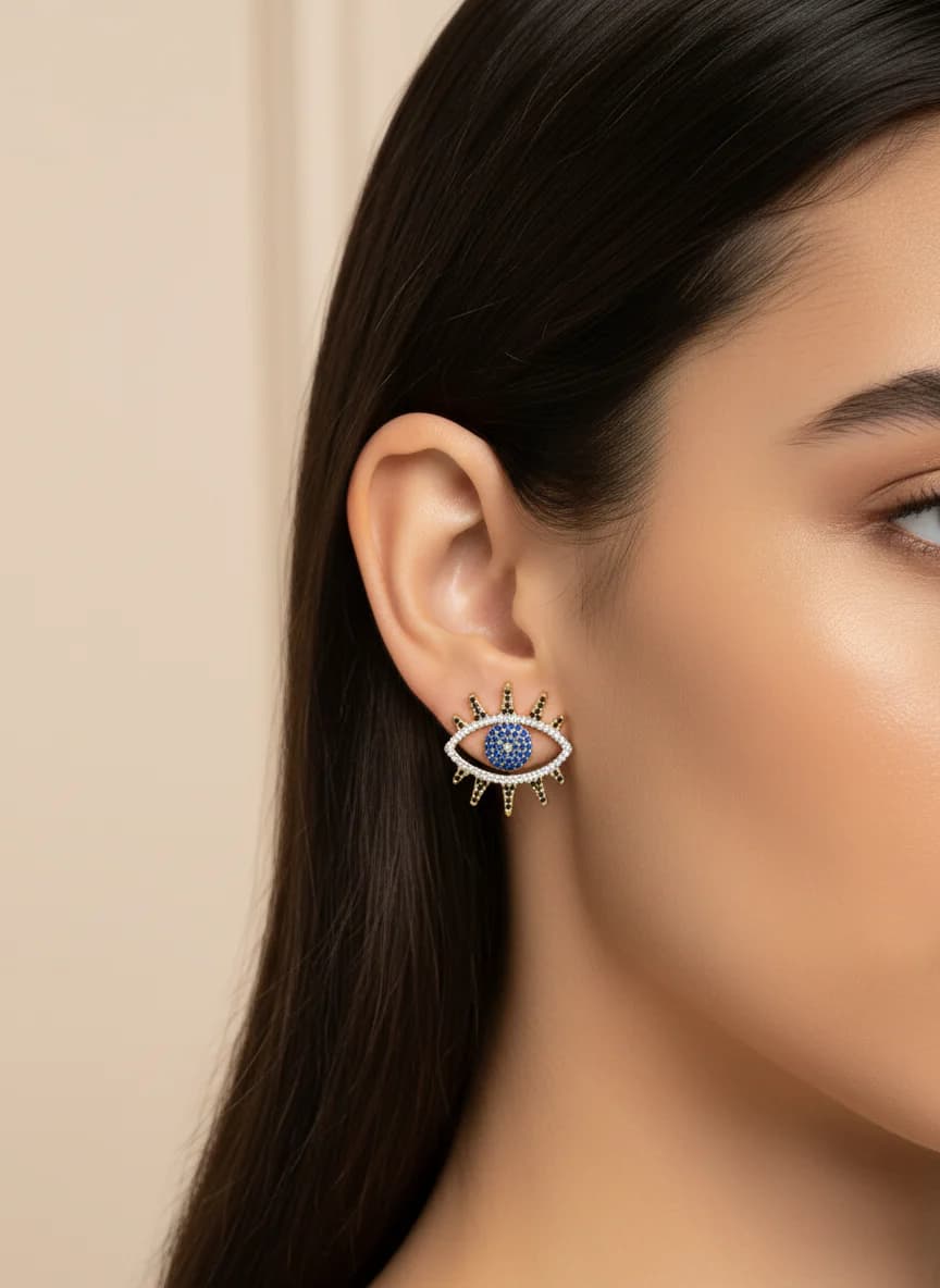 Altın Rengi Mavi Taşlı Nazar Göz Küpe