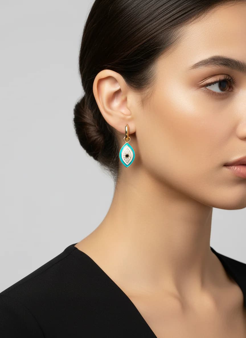 Nazar Boncuklu Altın Rengi Turkuaz Beyaz Taşlı Halka Küpe