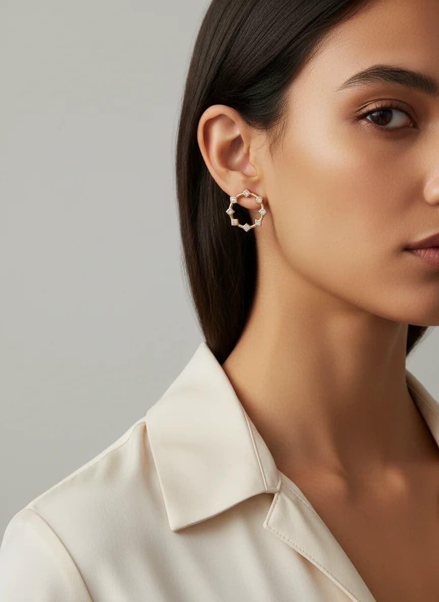 Altın Renk Kare Taşlı Şık Geometrik Halka Küpe