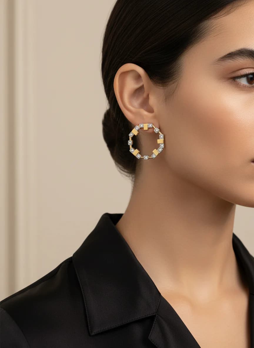 Modern İki Renkli Geometrik Taşlı Halka Küpe