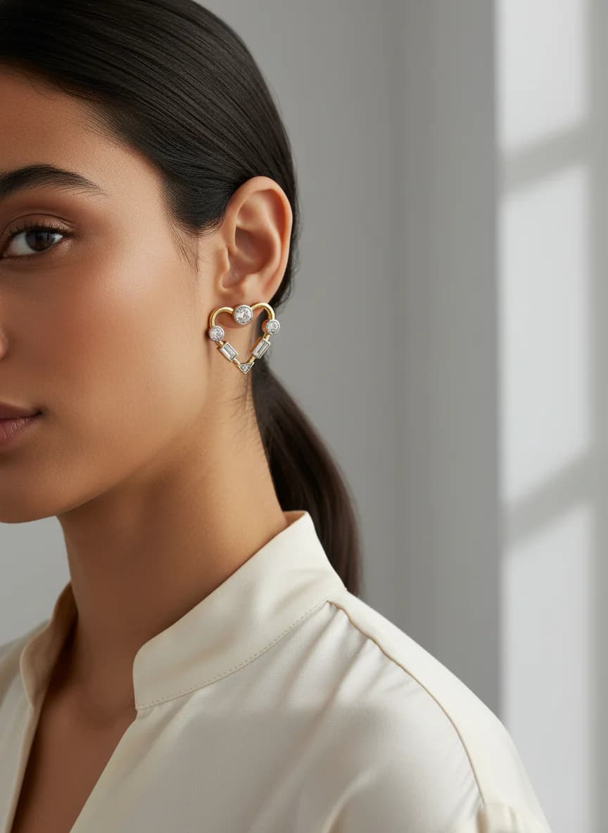 Altın Kaplama Zirkon Taşlı Kalp Tasarım Küpe