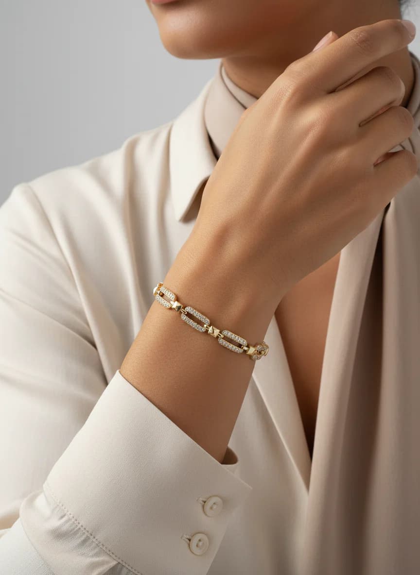 Şık Altın Rengi Zirkon Taşlı Modern Zincir Bileklik