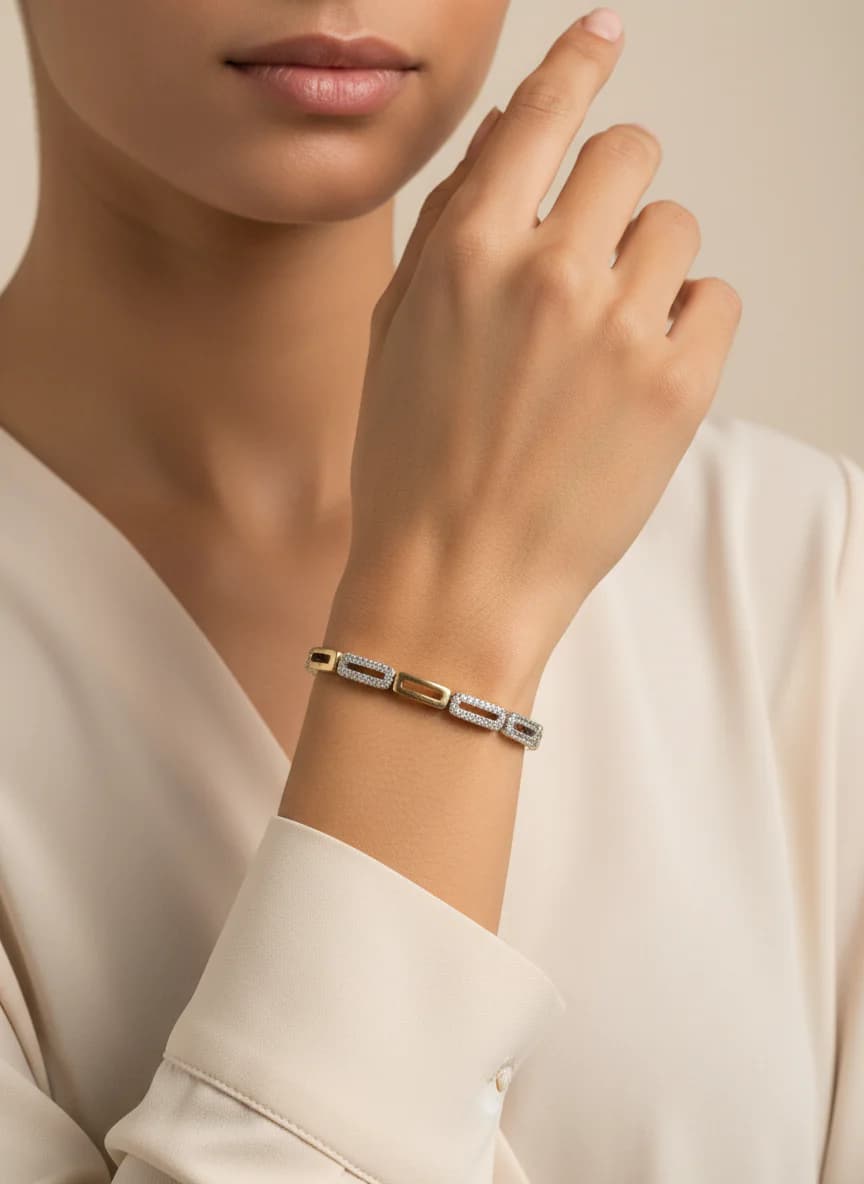 Şık Altın Kaplama Zirkon Taşlı Dikdörtgen Link Bileklik