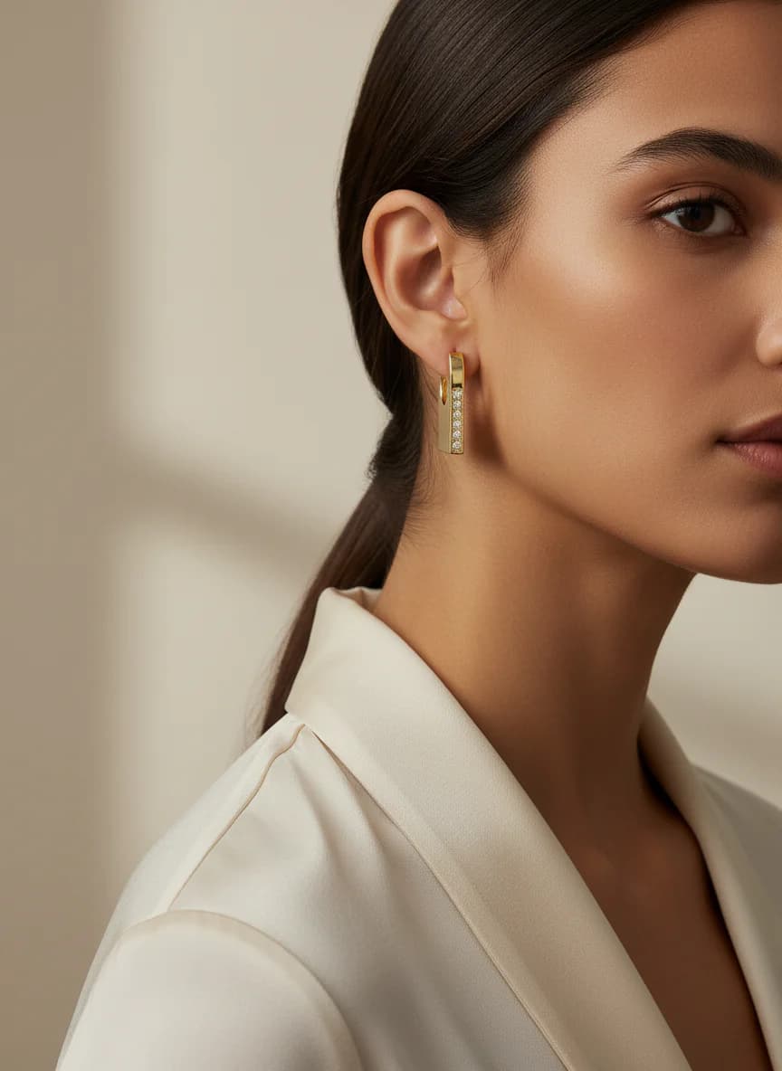 Altın Kaplama Dikdörtgen Taşlı Halka Küpe