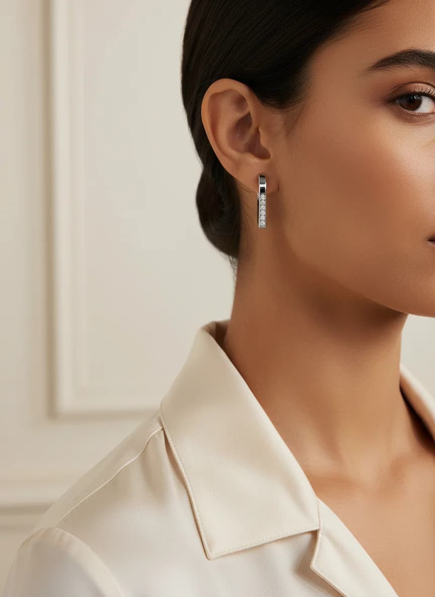 Gümüş Renk Minimalist Kare Taşlı Halka Küpe