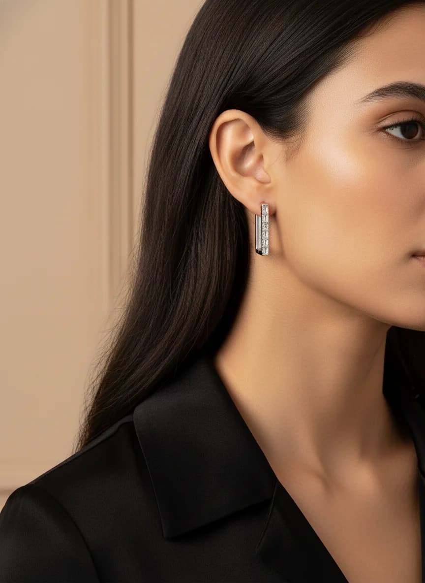 Gümüş Rengi Baget Zirkon Taşlı Dikdörtgen Küpe