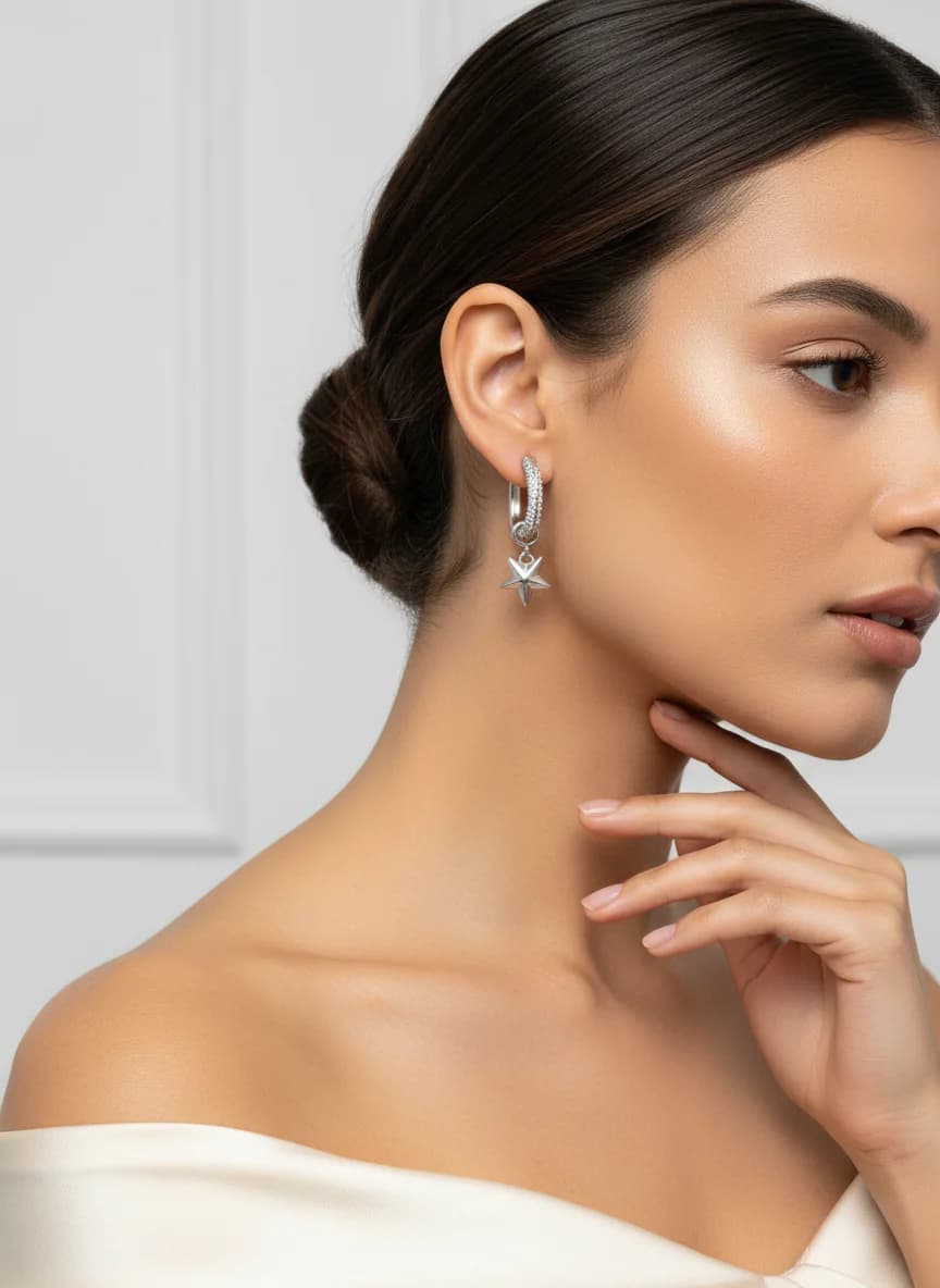 Taşlı Halka ve Yıldızlı Sallantılı Gümüş Renk Küpe