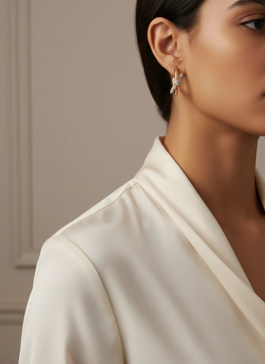 Zarif Fiyonk Detaylı Altın Rengi Zirkon Taşlı Halka Küpe