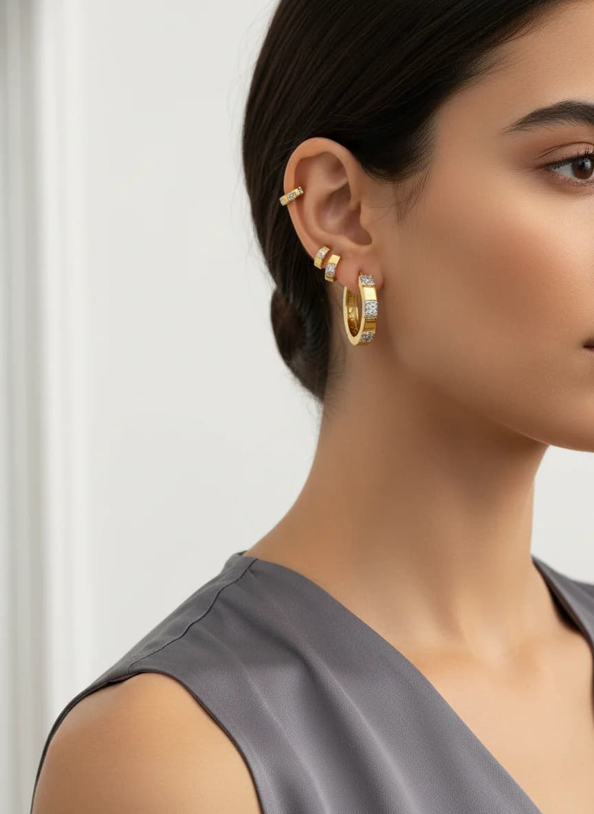 Altın Rengi Fasetli Taşlı 3'lü Halka Küpe Seti