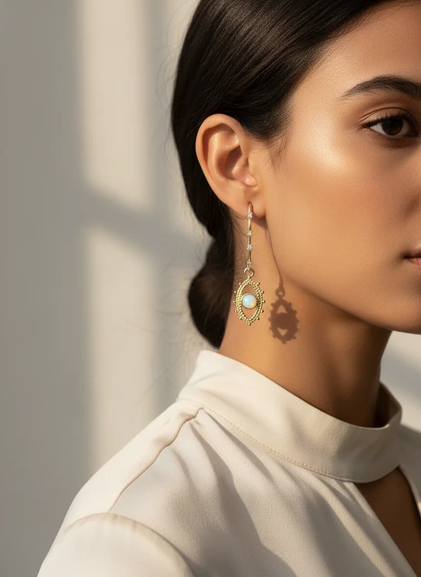 Altın Kaplama Opal Taşlı Sallantılı Göz Tasarım Küpe