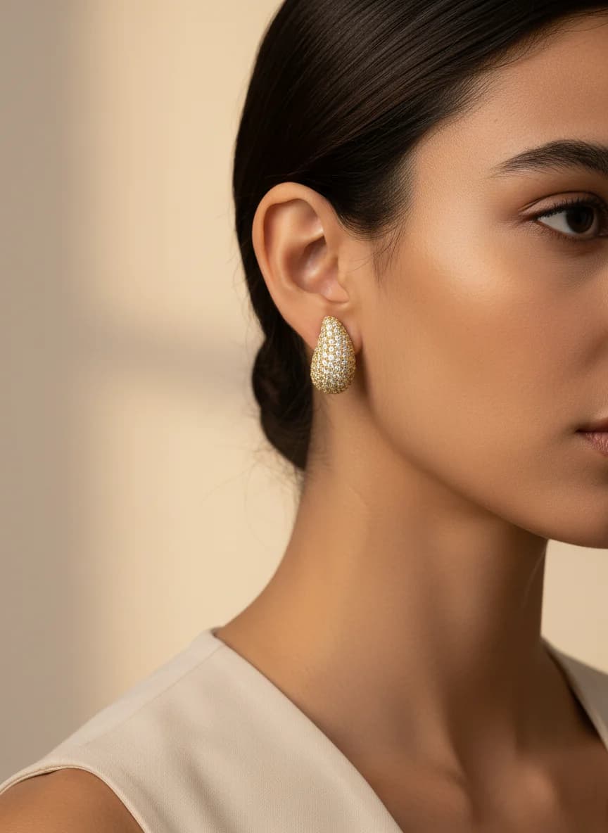 Altın Rengi Pırlanta Görünümlü Zirkon Damla Küpe