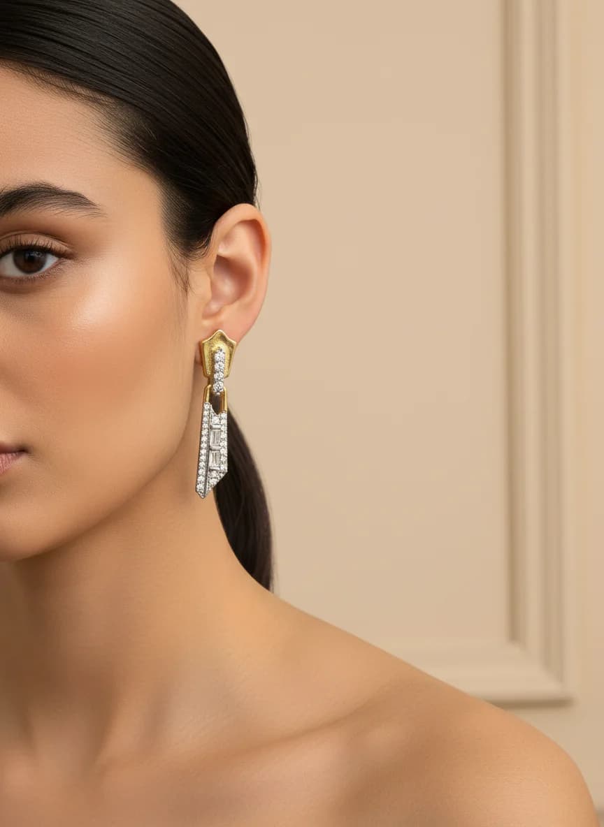 Fermuar Tasarım Zirkon Taşlı İki Renkli Sallantılı Küpe