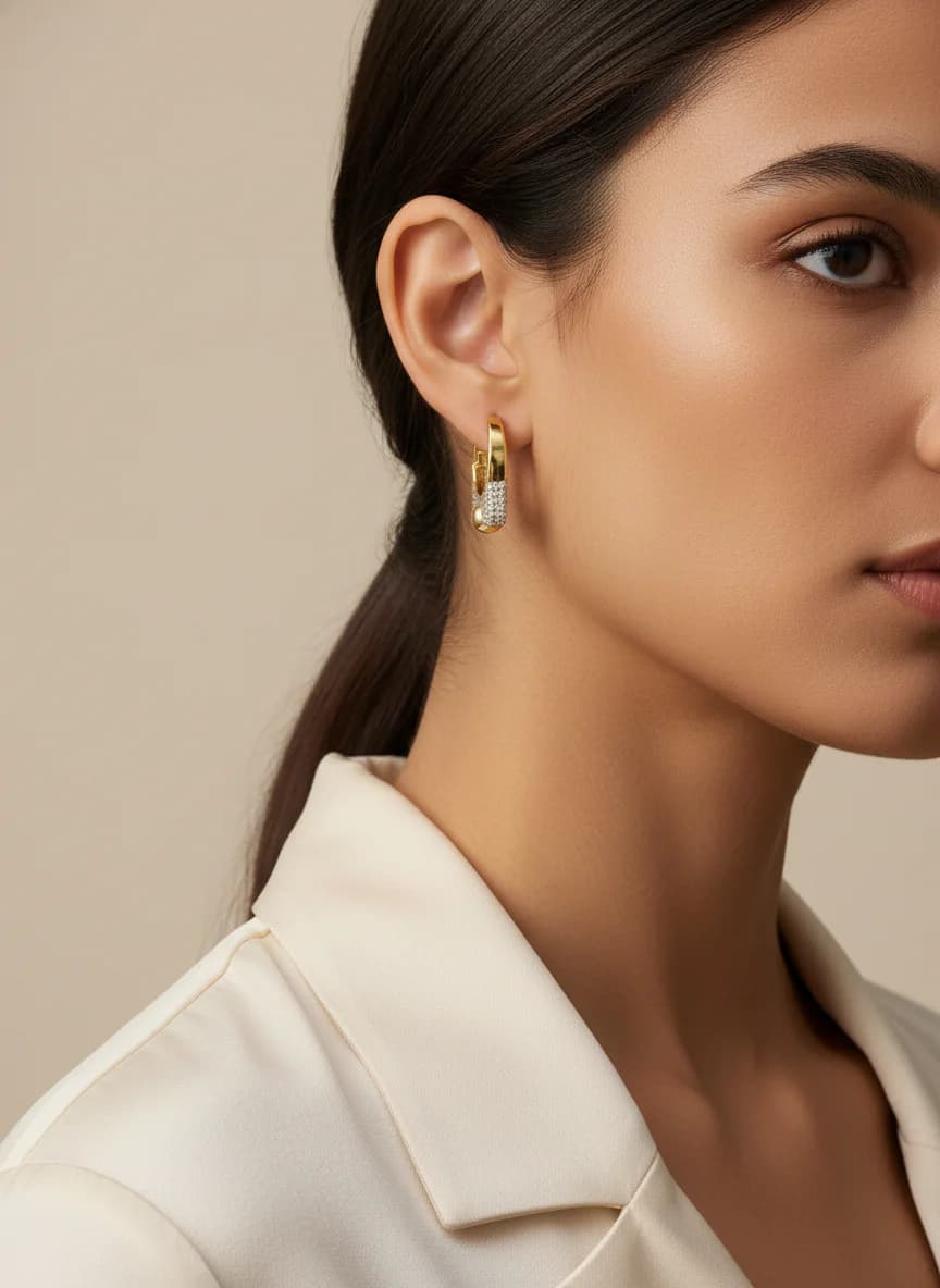 Altın Rengi ve Zirkon Taşlı İki Renkli Halka Küpe