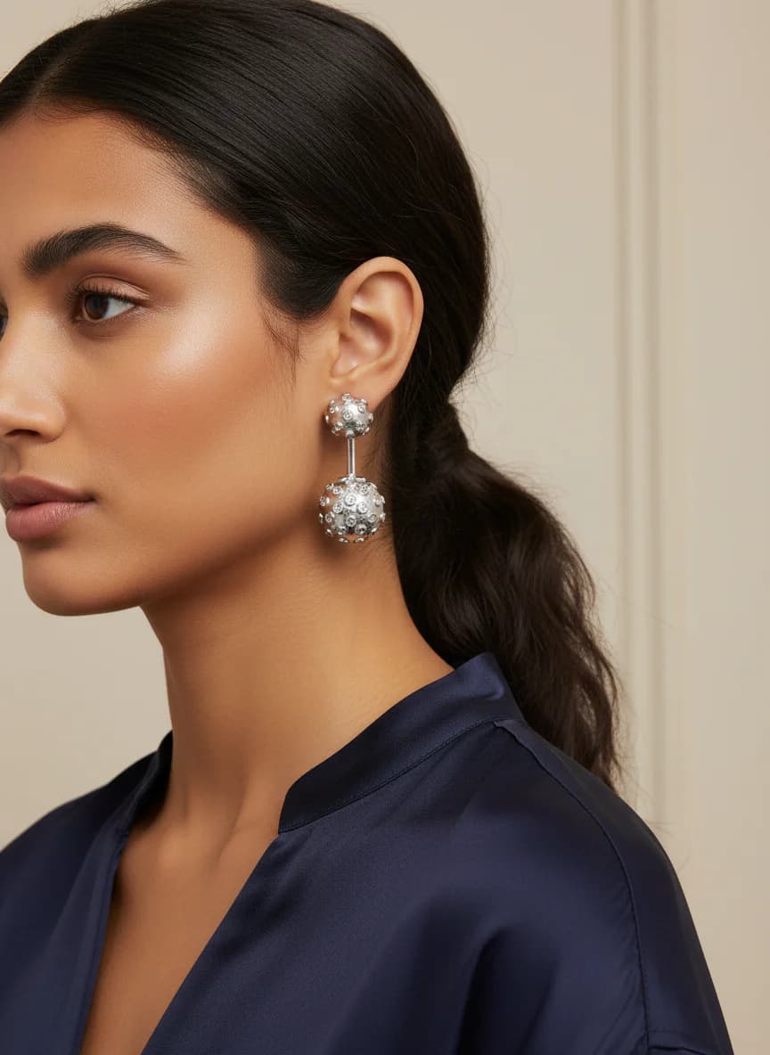 Şık Çift Toplu Zirkon Taşlı Gümüş Renk Kadın Küpe