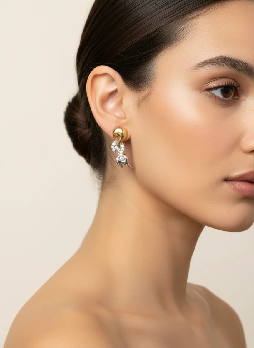 İki Renkli Altın Gümüş Taşlı Modern Küpe