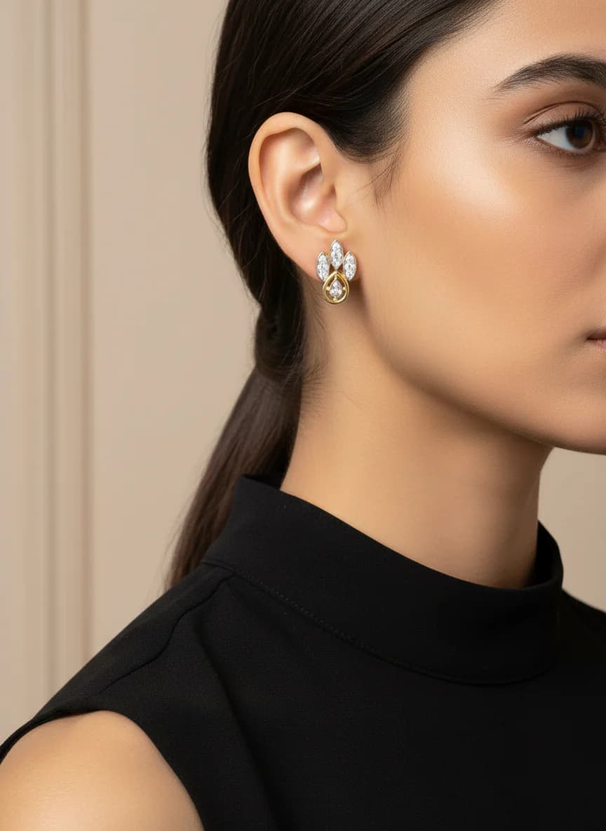 Işıltılı Altın Kaplama Damla ve Markiz Zirkon Taşlı Küpe