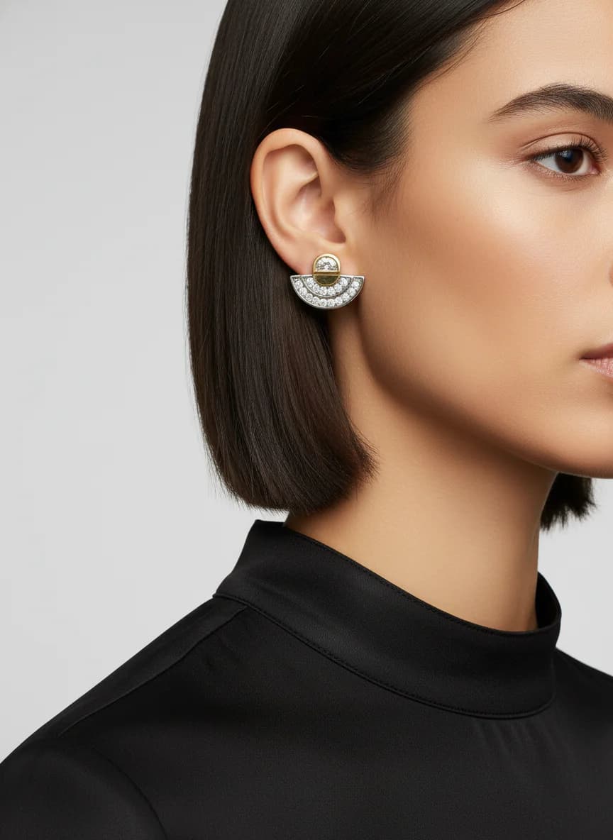 Zarif Altın Gümüş Tonlu Zirkon Taşlı Art Deco Fan Küpe