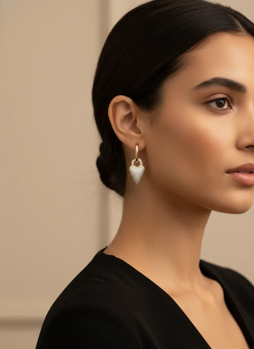 Parlak Zirkon Taşlı Kalp Halka Küpe - Altın Rengi Şık