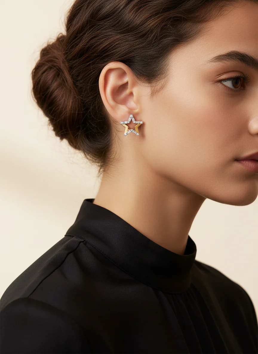 Gold Gümüş İki Renkli Yıldız Zirkon Taşlı Küpe