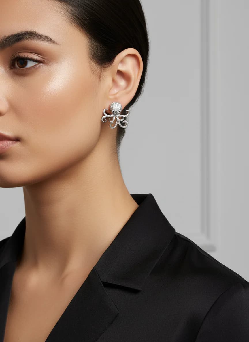 Zirkon Taşlı Ahtapot Küpe | Parlak Gümüş Rengi Şıklık