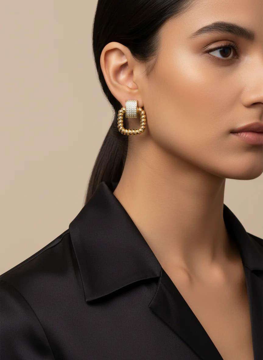 Burgulu Kare Taşlı Altın Rengi Şık Küpe