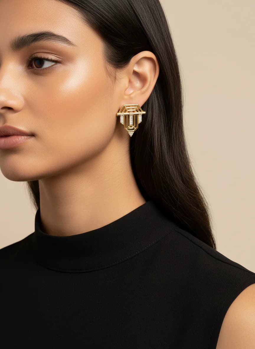 Art Deco Geometrik Zirkon Taşlı Altın Rengi Şık Küpe