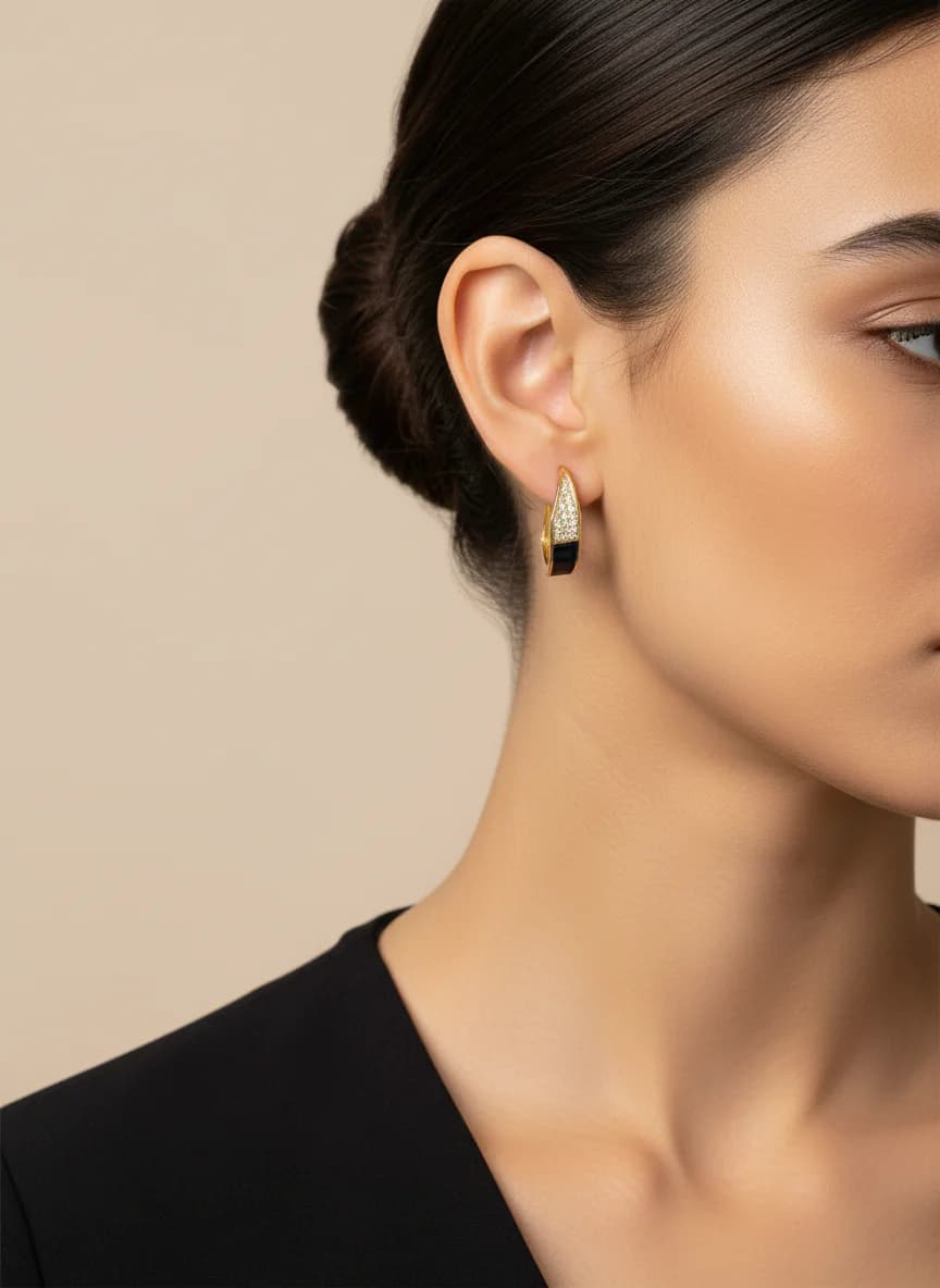 Gold Zirkon Taşlı Siyah Mavi Mine Detaylı Geometrik Halka Küpe