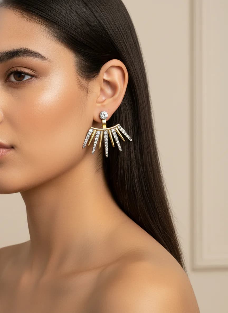 Altın Gümüş Tonlu Zirkon Taşlı Jacket Küpe | Şık ve Modern