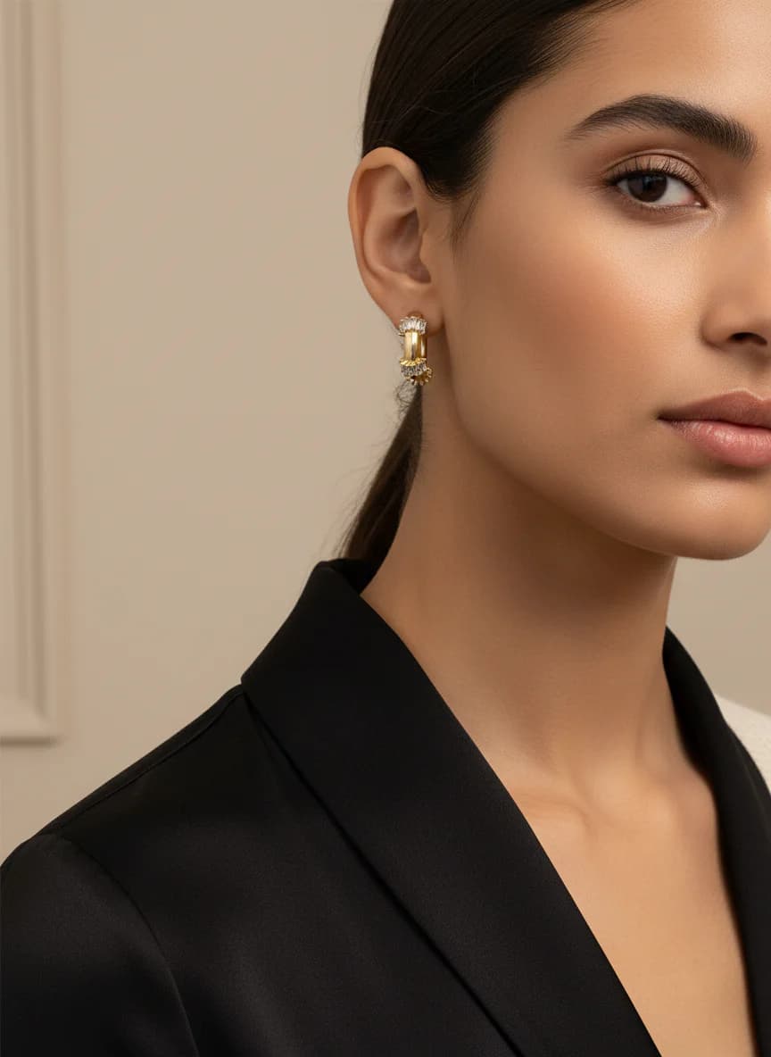 Altın Kaplama Baget Zirkon Taşlı Işıltılı Halka Küpe