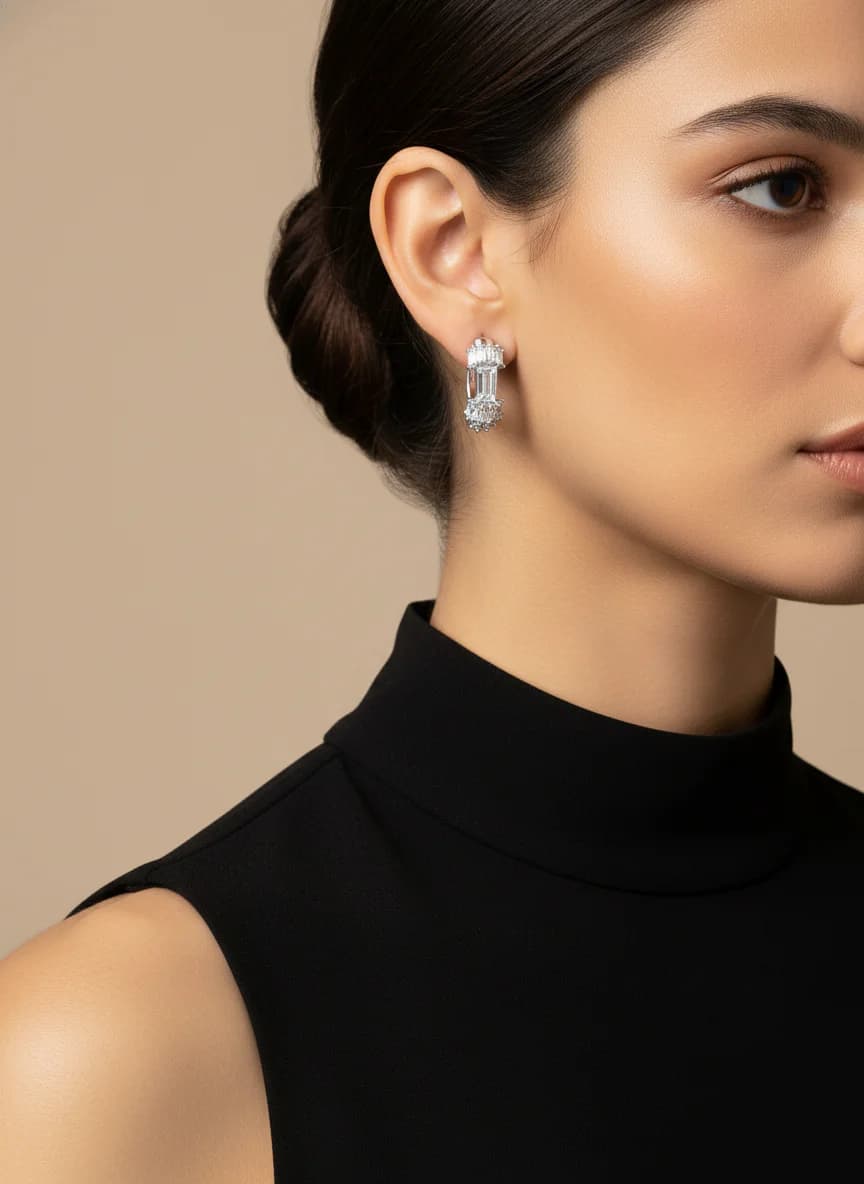 Parlak Baget Zirkon Taşlı Gümüş Rengi Huggie Halka Küpe