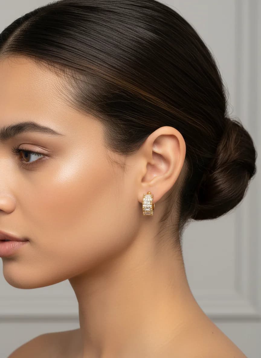 Rose Altın Rengi Baget Zirkon Taşlı Huggie Küpe