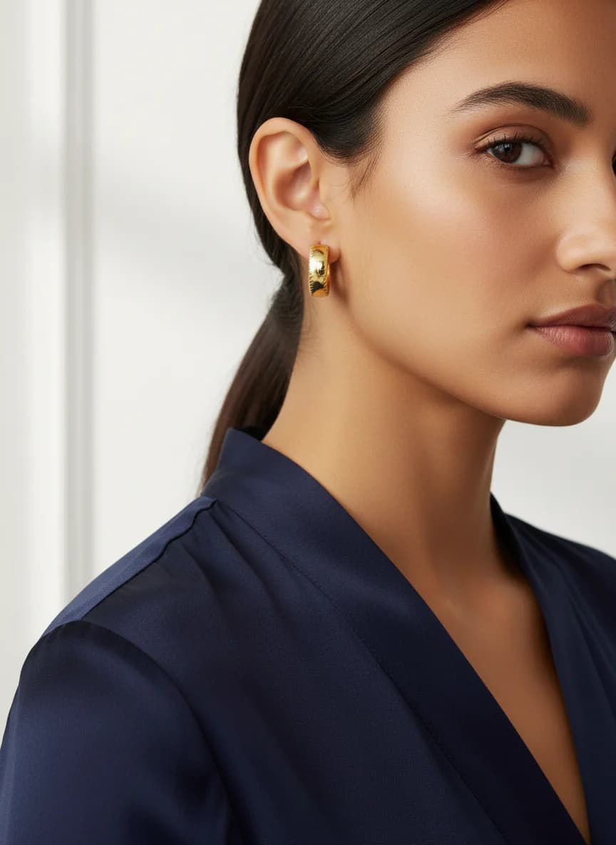 Altın Renk Desenli Kalın Huggie Halka Küpe