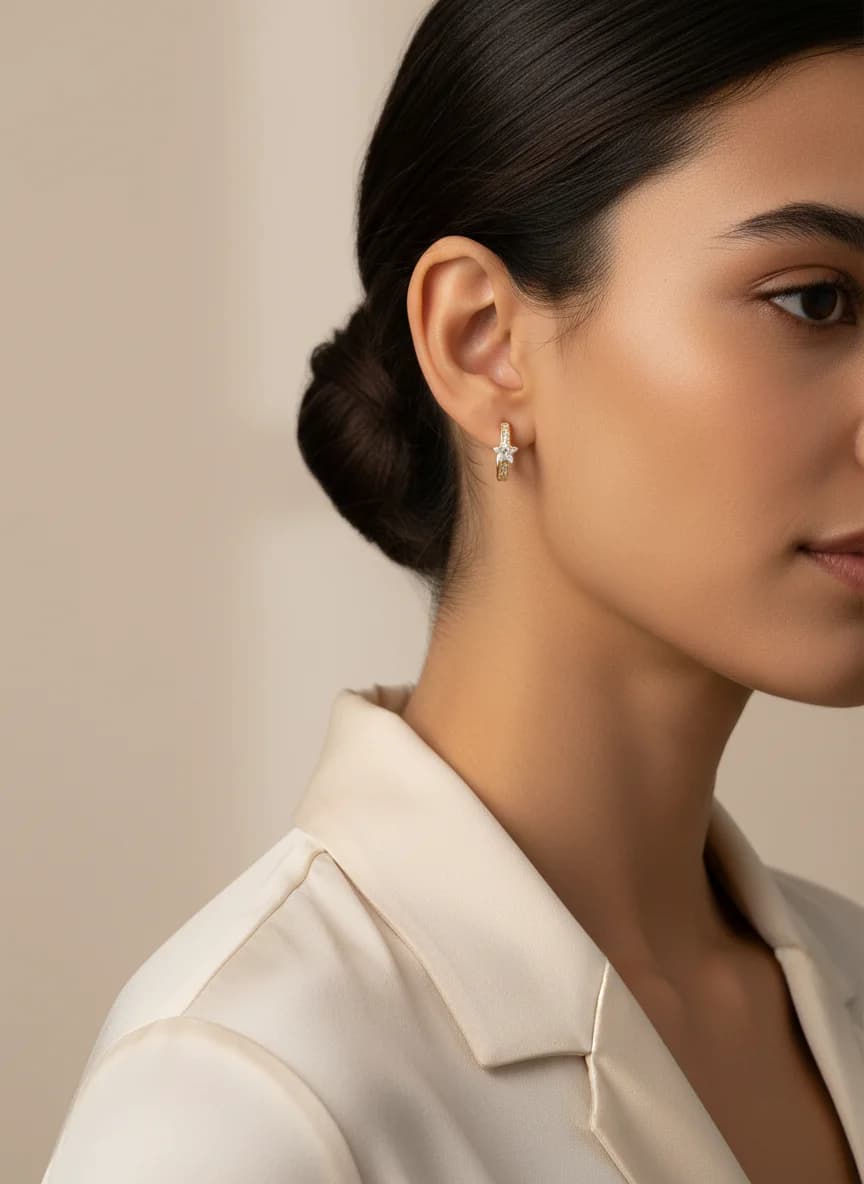 Altın Renk Yıldız Taşlı Halka Küpe | Zirkon Yıldız