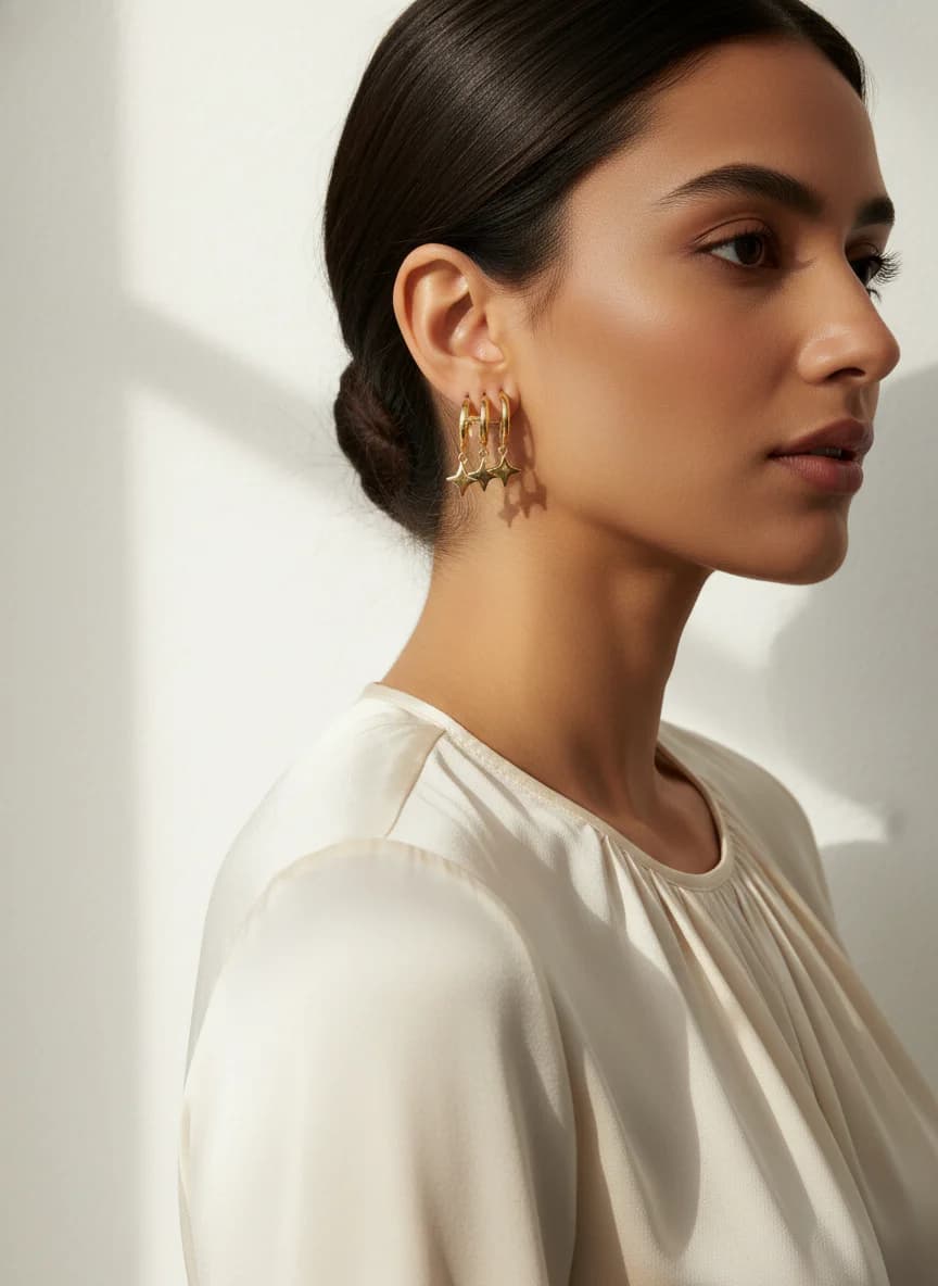 Üçlü Halka Yıldız Sallantılı Altın Rengi Küpe