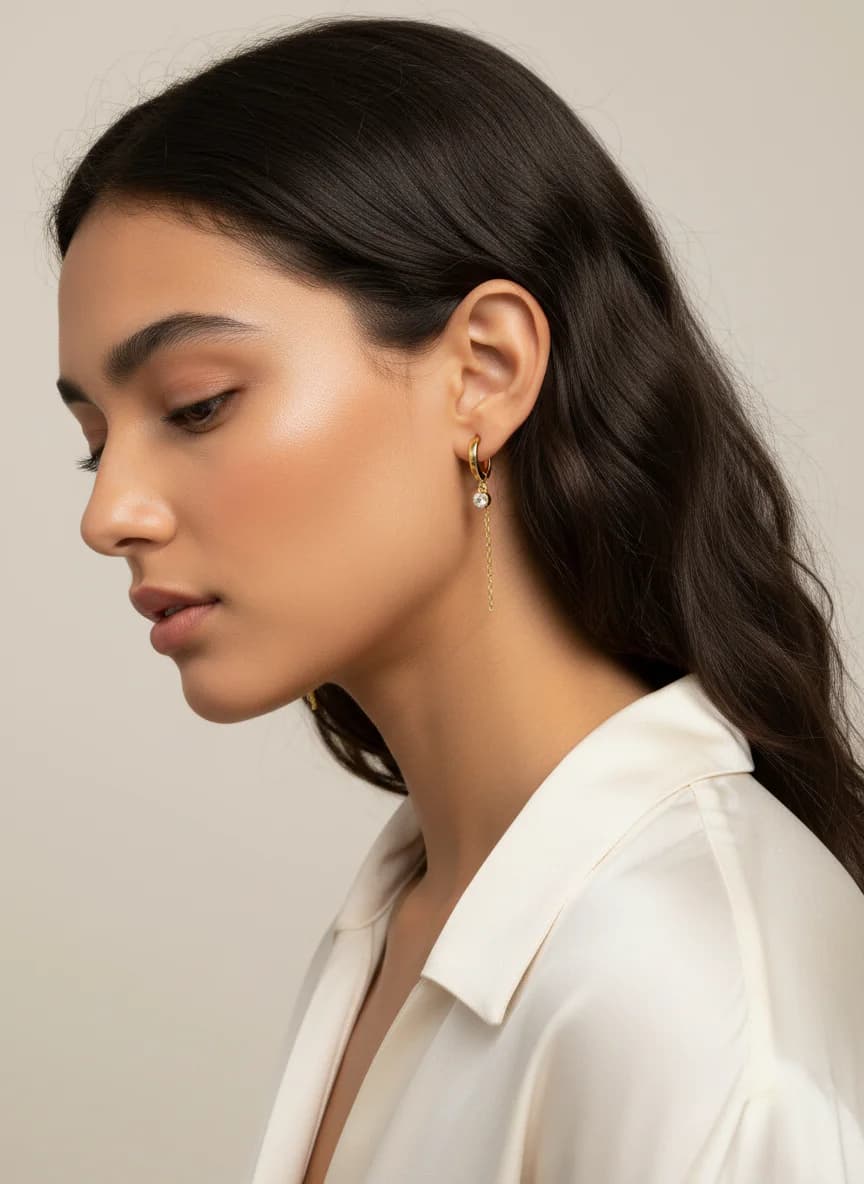 Altın Kaplama Minimalist Zincir ve Tek Taş Halka Küpe