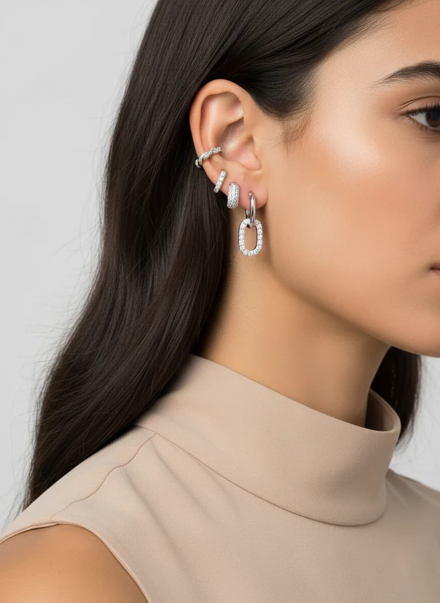 Üçlü Gümüş Renk Zirkon Taşlı Kombin Küpe Seti