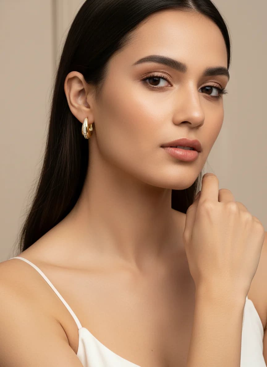 Zarif Altın Rengi Taşlı Halka Küpe - Modern ve Şık