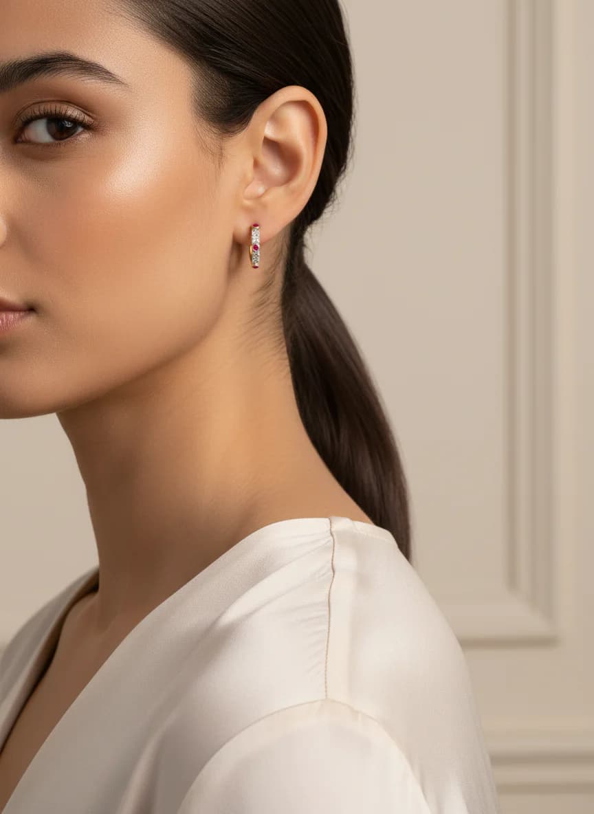 Altın Rengi Kırmızı Zirkon Taşlı Şık Halka Küpe