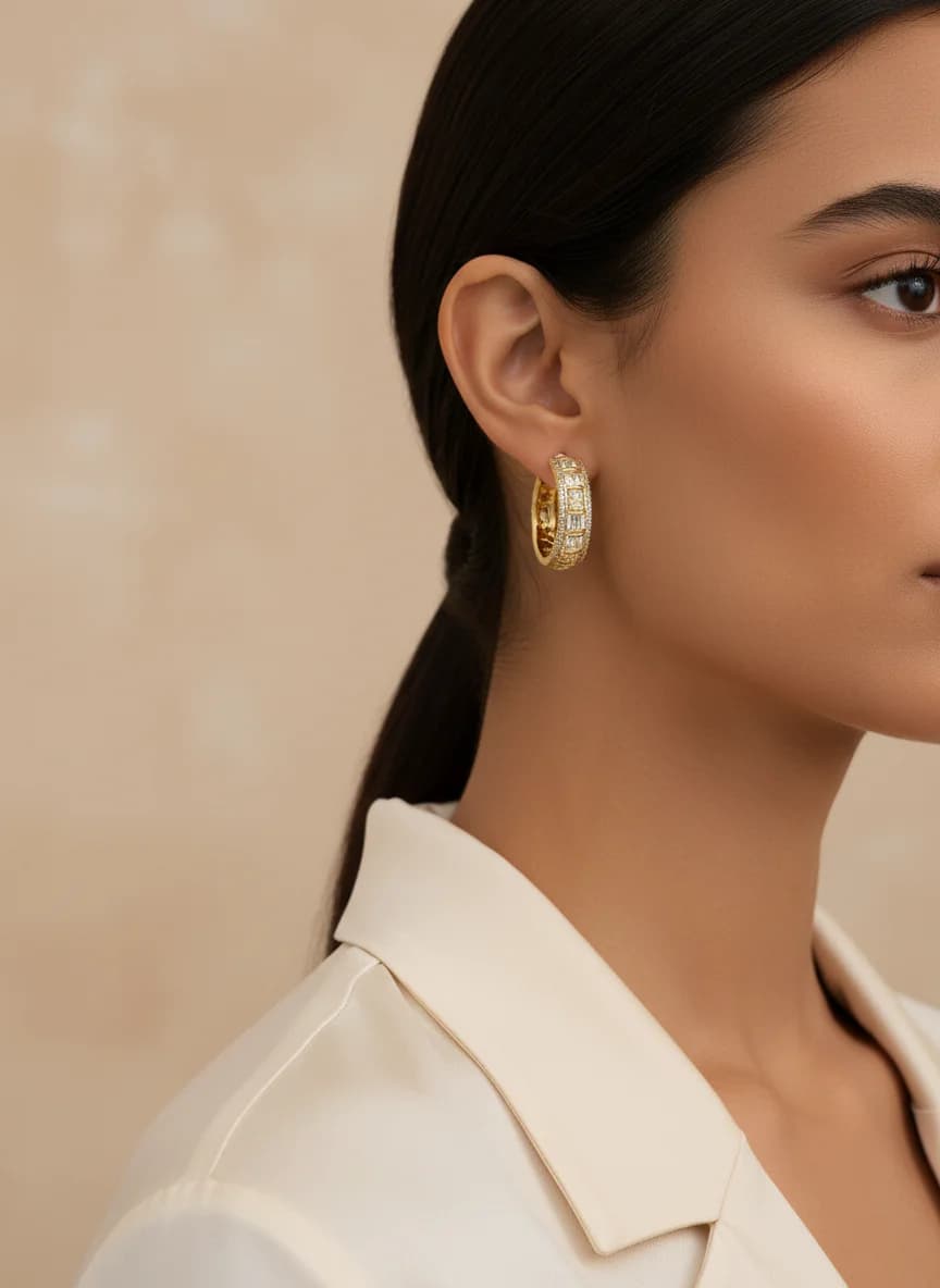 Altın Rengi Zirkon Taşlı Baget Detaylı Şık Halka Küpe