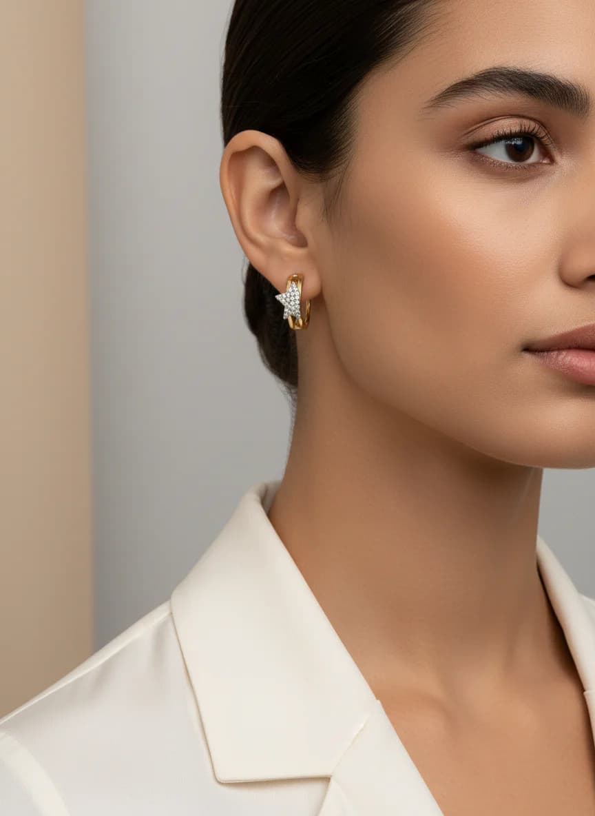 Yıldız Taşlı Altın Rengi Halka Küpe