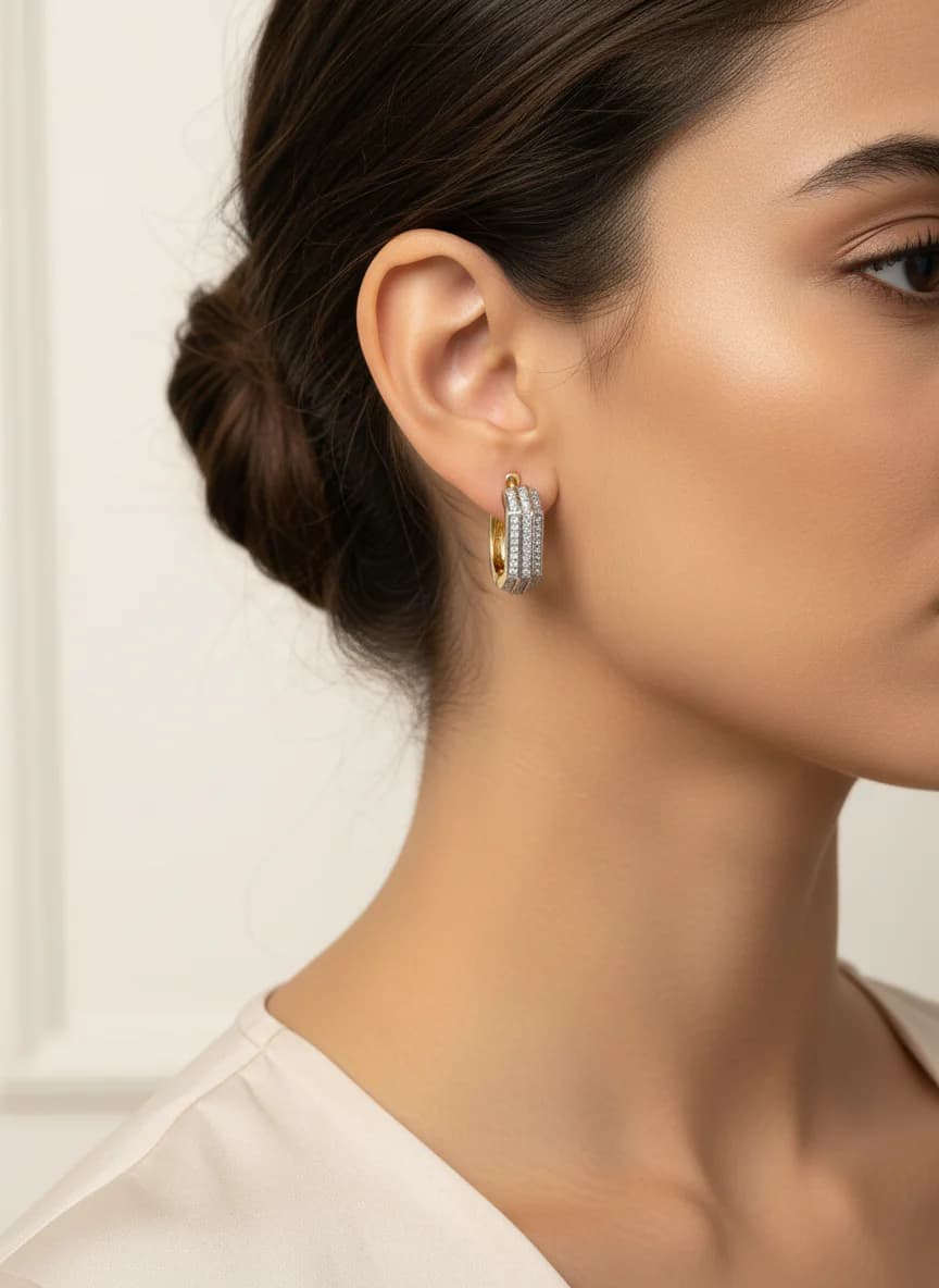 Şık Zirkon Taşlı Gold-Gümüş İki Renkli Halka Küpe