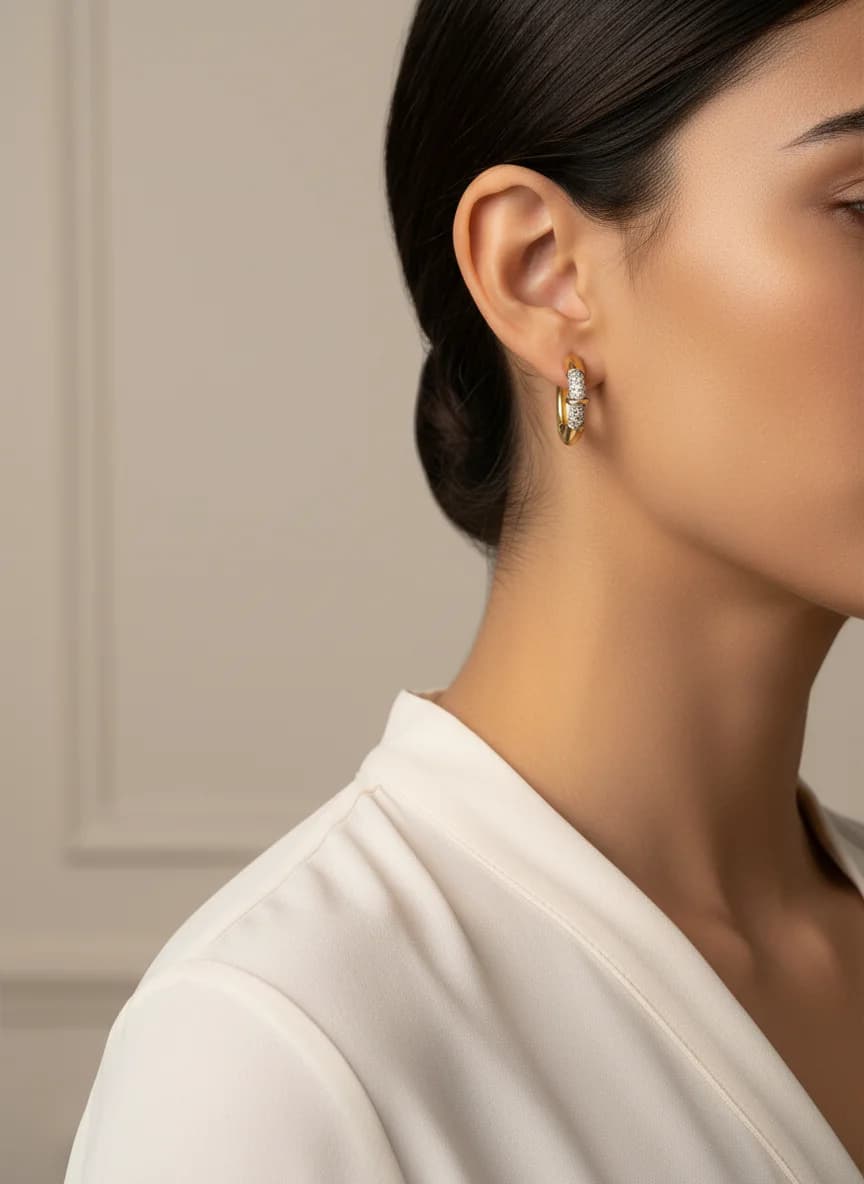 Modern Gold Rengi Taşlı Halka Küpe