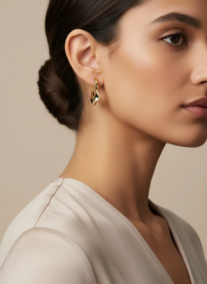 Dalgalı Zirkon Taşlı Altın Rengi Modern Küpe