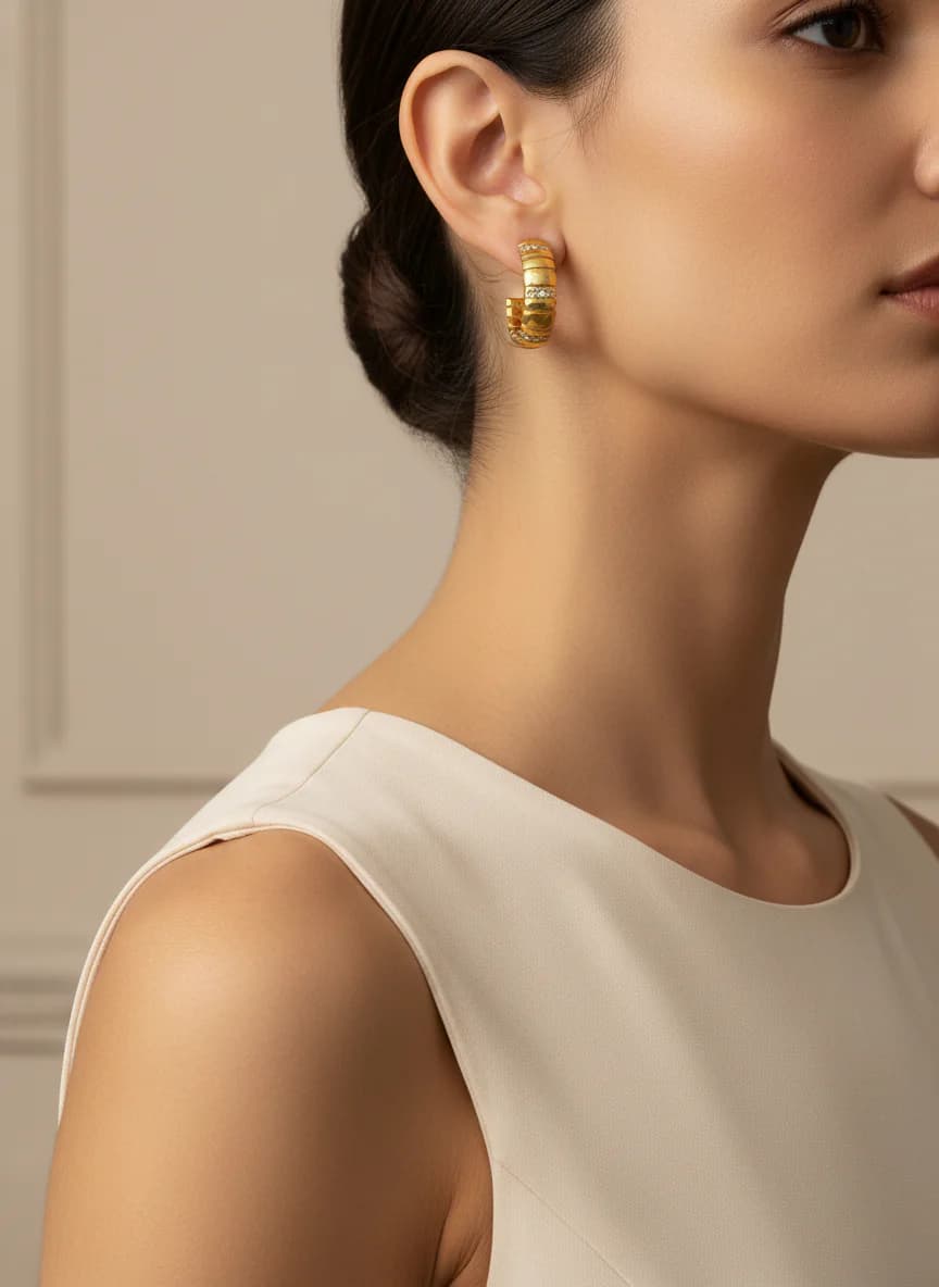 Taş Detaylı Altın Rengi Kalın Halka Küpe