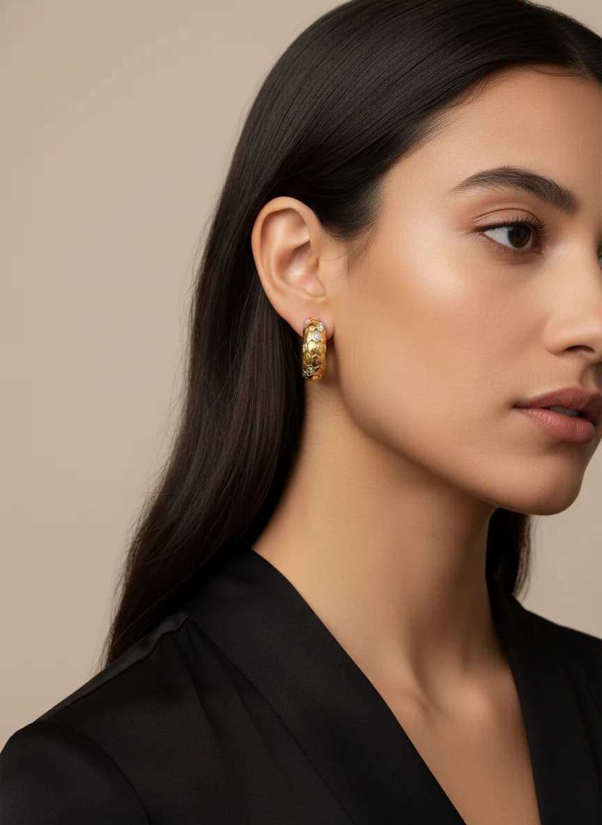 Altın Kaplama Taşlı Desenli Halka Küpe