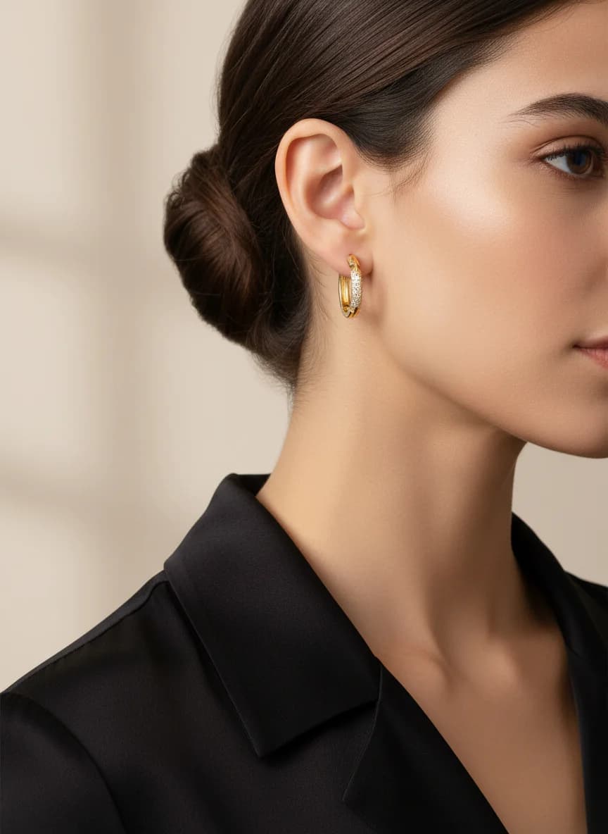 Altın Rengi Zirkon Taşlı Şık Halka Küpe Çifti