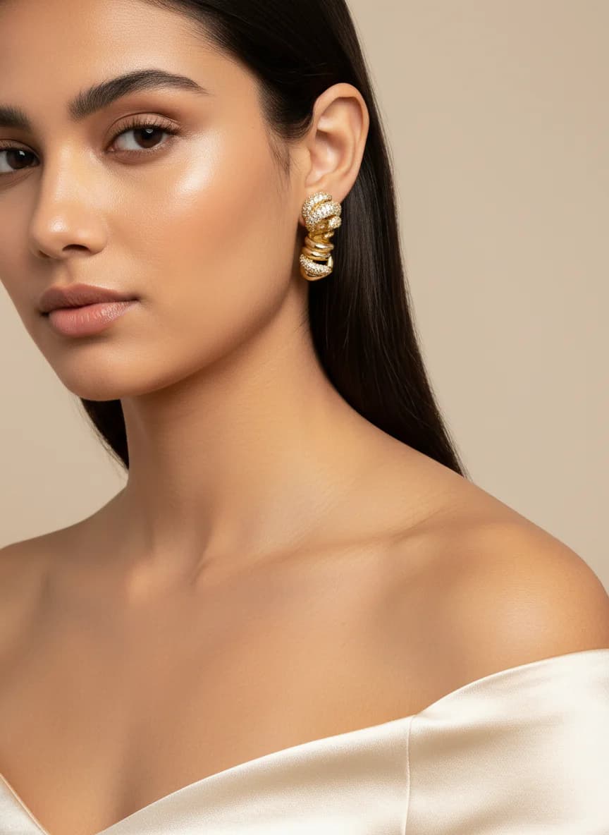 Altın Rengi Taşlı Sarmal Düğüm Küpe