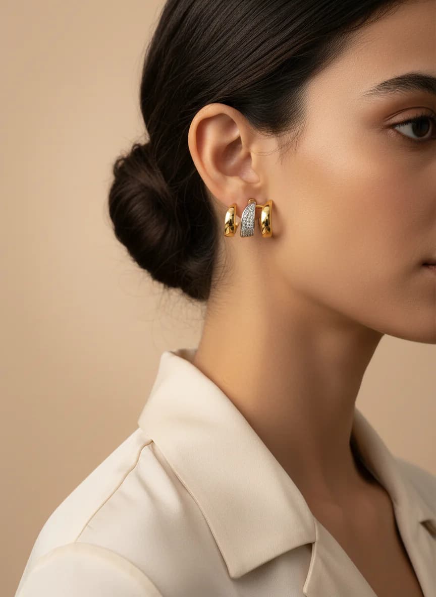 Altın Rengi Taşlı Üçlü Halka Küpe | Modern Katmanlı