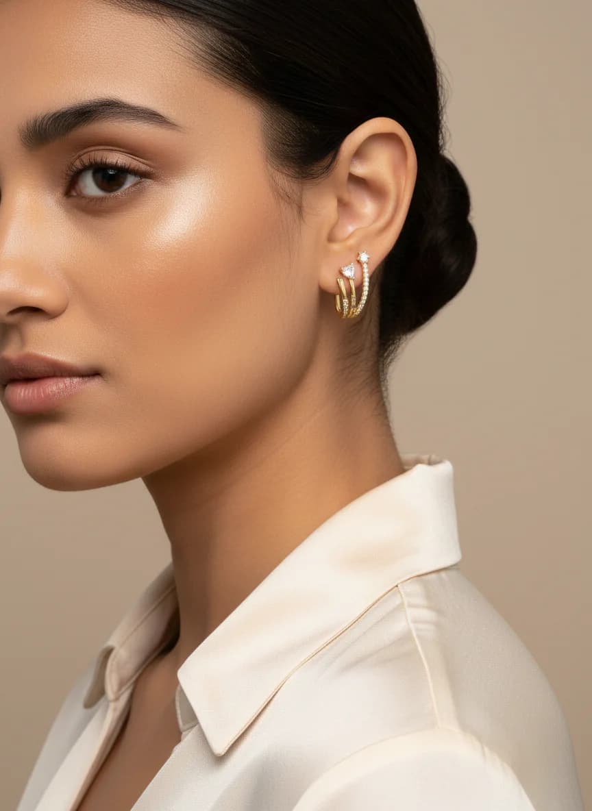 Altın Rengi Taşlı Kalp Detaylı Ear Climber Küpe