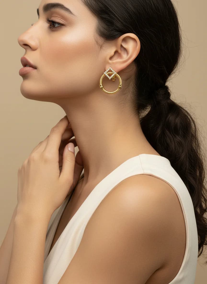 Şık Altın Renk Taşlı Tasarım Halka Küpe